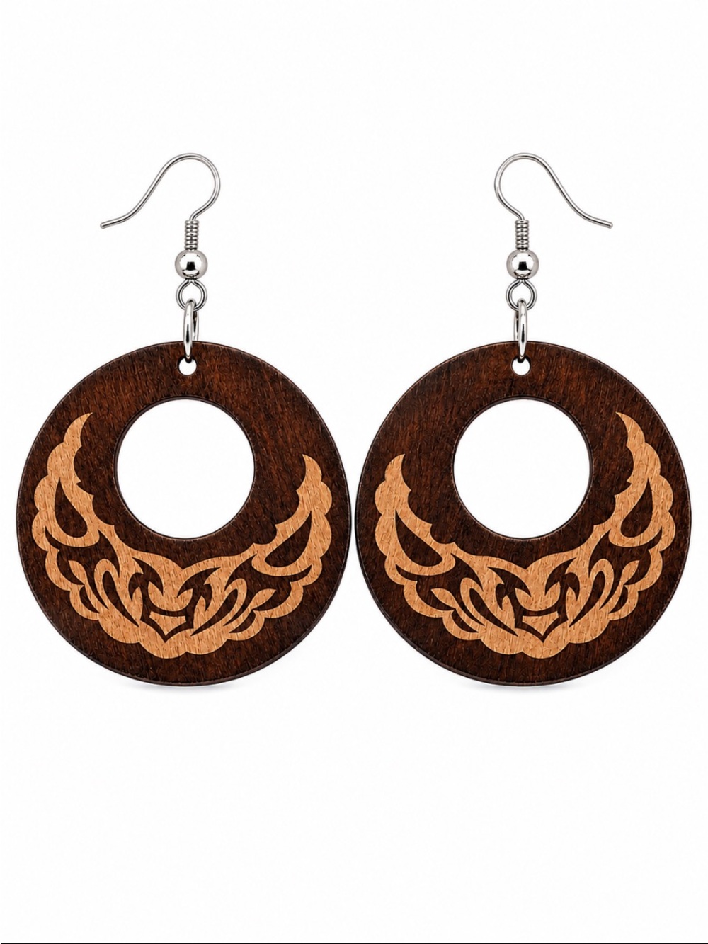 Brown Wooden Tribal Hoop Dangle Earrings